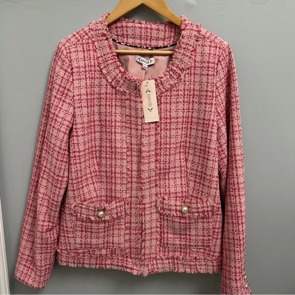 NWT Nanette Lepore L Tweed Pearl Accent Pink Sparkle Blazer Jacket Easter